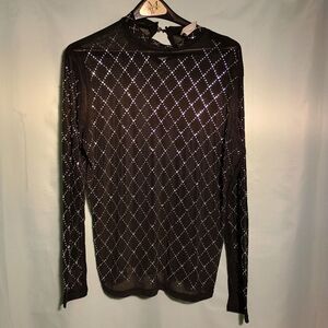 Sheer Mesh Rhinestone Long Sleeve Top – Black Sparkle Diamond Pattern 2XL